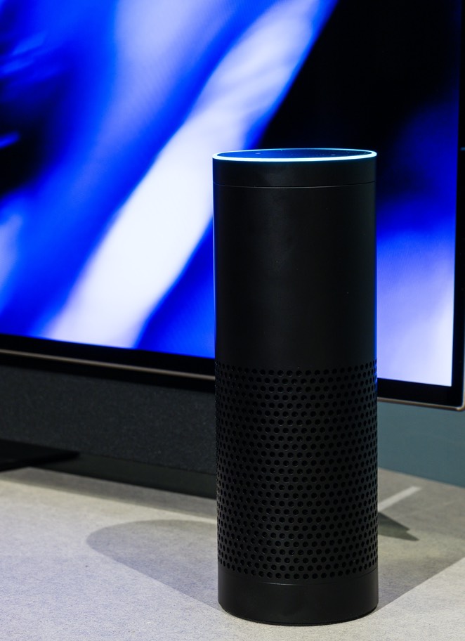 A speaker in front of a lit-up screen