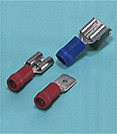 Close up image of Quick disconnect terminal (Male, Female, Piggyback/ Vinyl-insulated with copper sleeve)